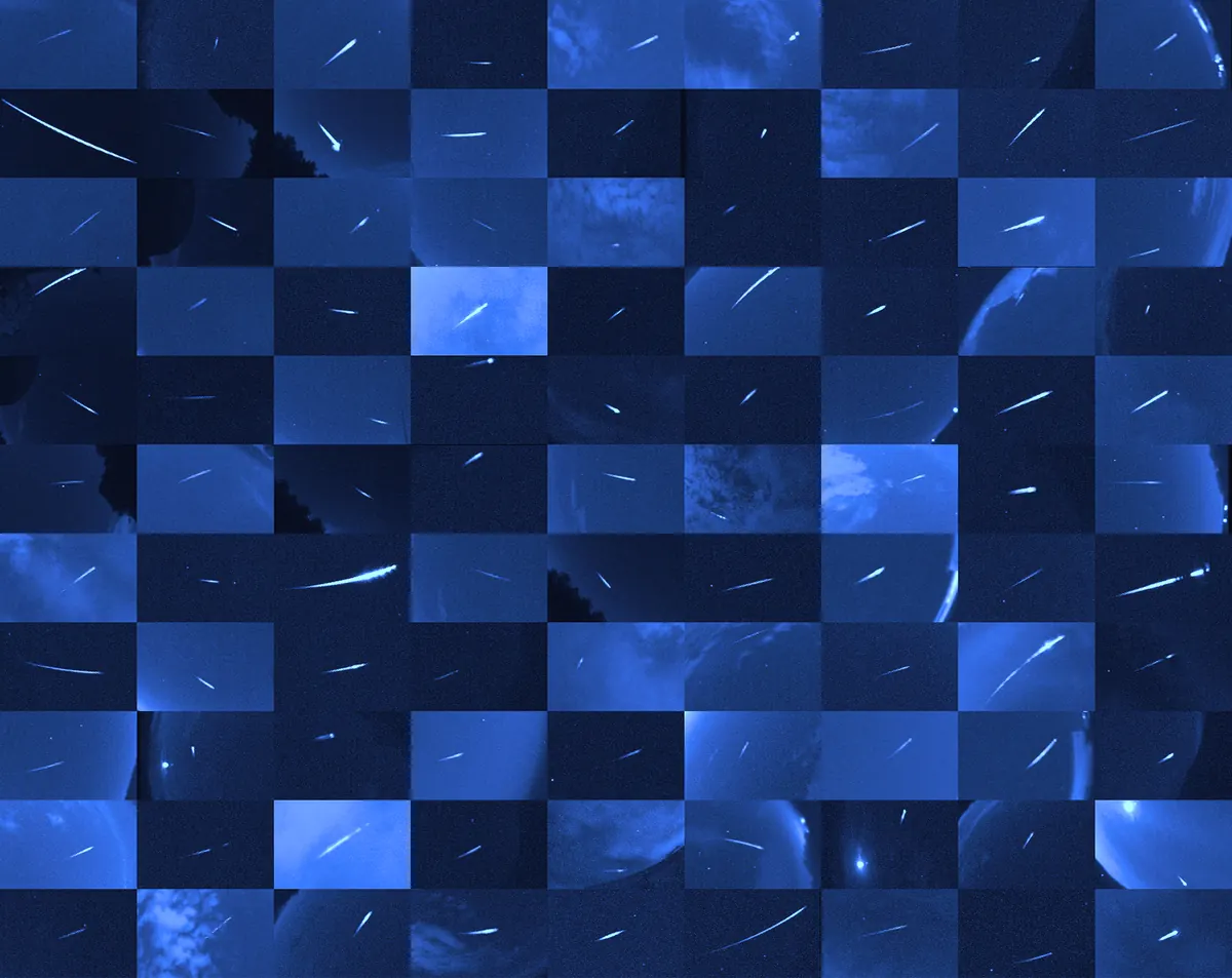 A grid of small blue frames, each showing a bright meteor streak