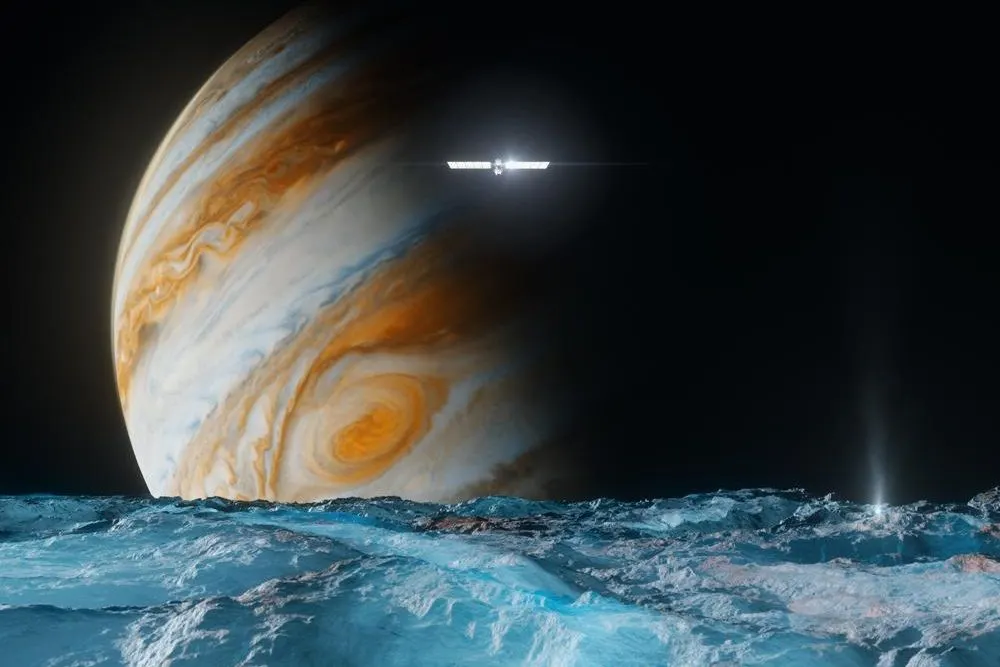 Jupiter rising over a blue icy surface on Europa with a plume of vapor and a spacecraft above