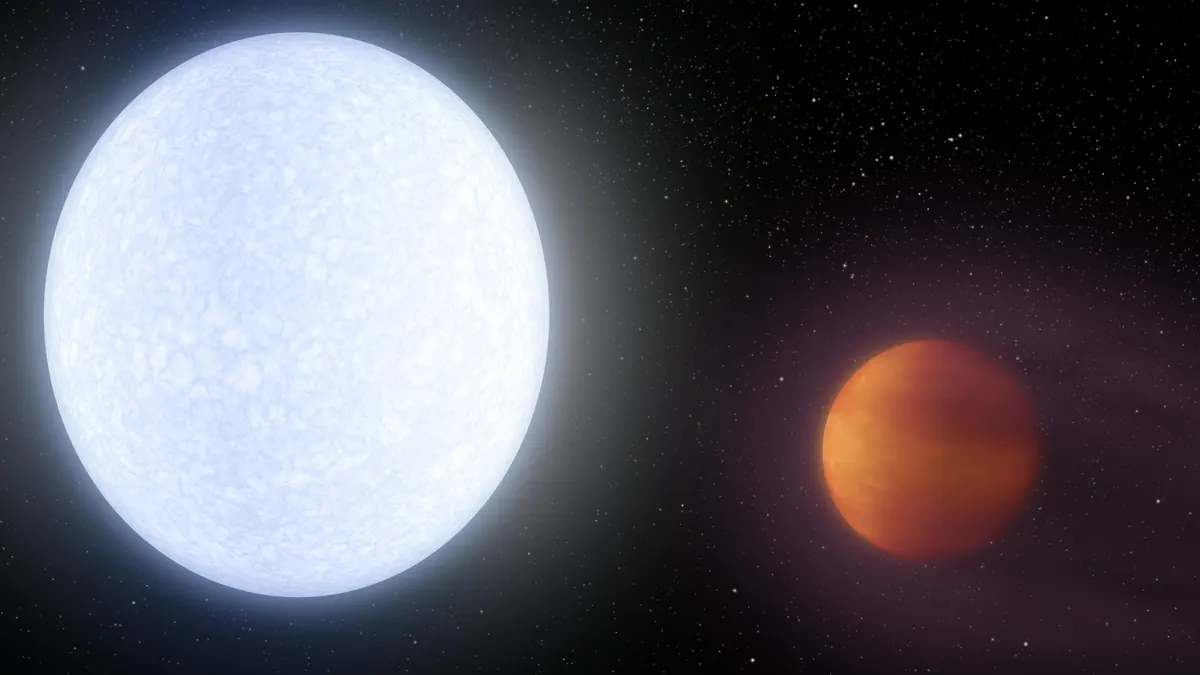 A glowing orange planet with a bright stream of gas next to a huge, hot blue-white star