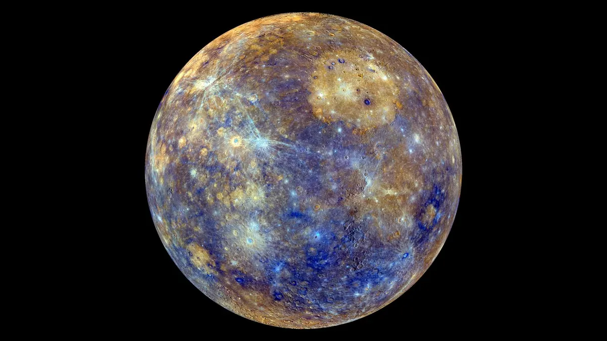 Mercury in enhanced color, with patches of blue, orange and tan