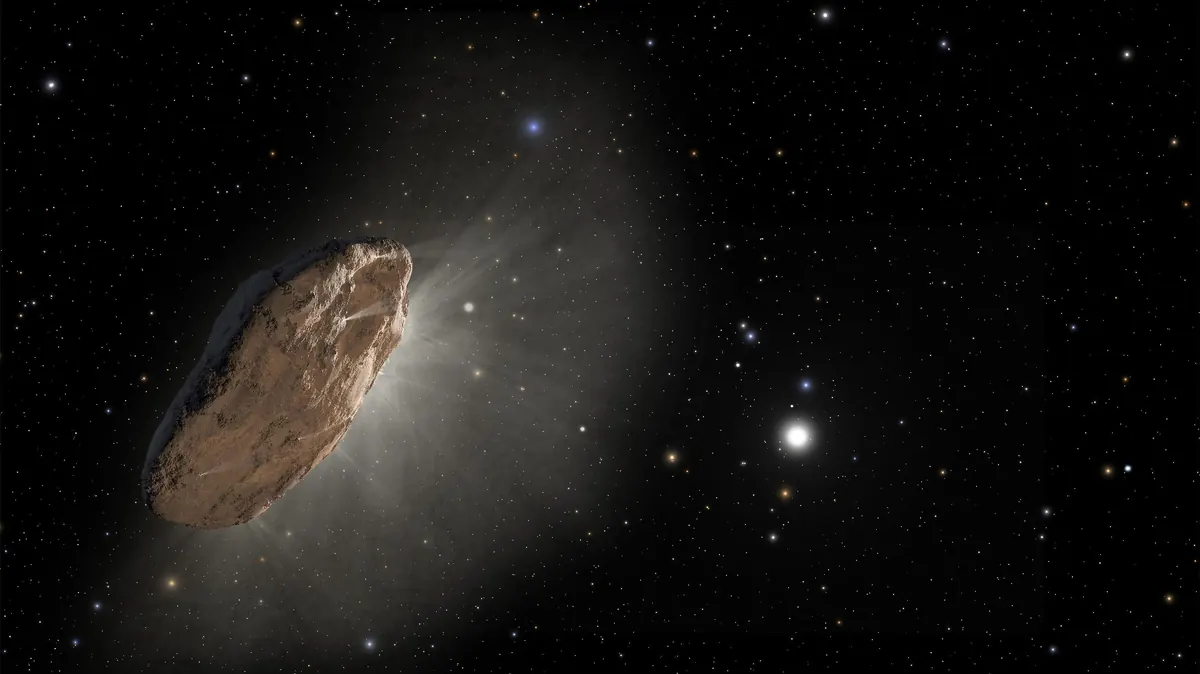 An illustration of a long, reddish rock tumbling through space with a few stars behind it