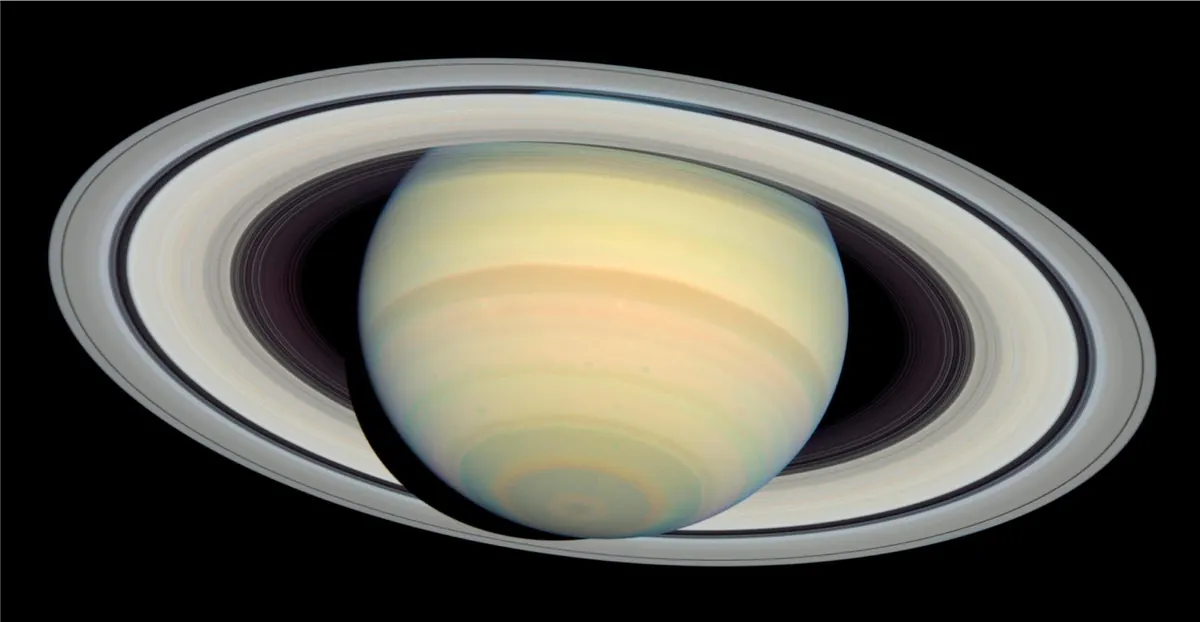 Saturn and its wide ring system against black space