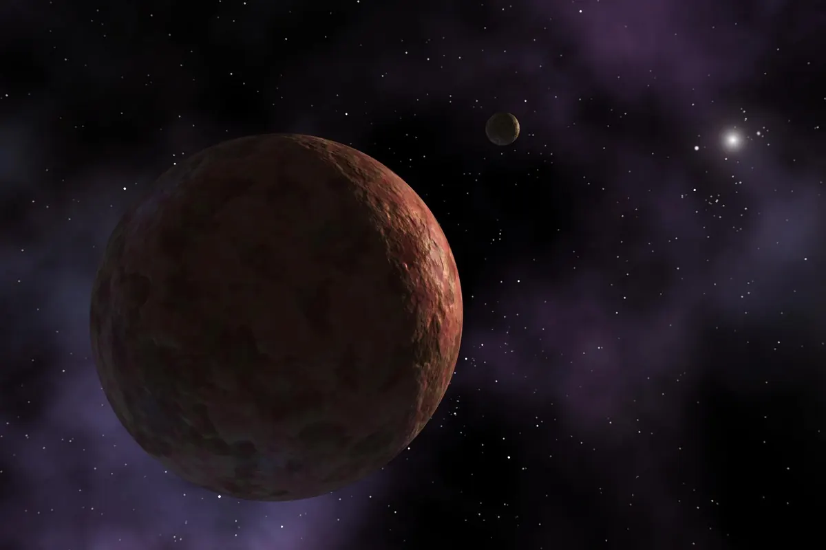 A reddish, dark, distant planet-like body in space with a very bright star far behind it