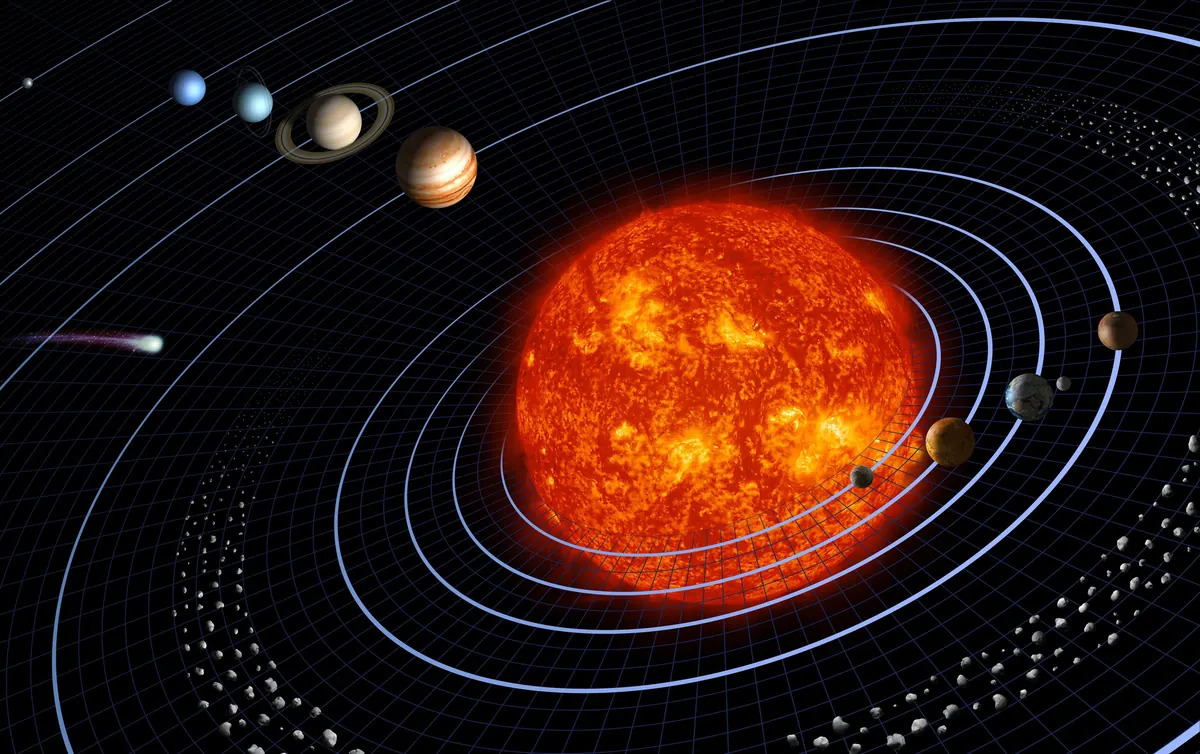 An illustration of the Sun with the eight planets on glowing orbit lines