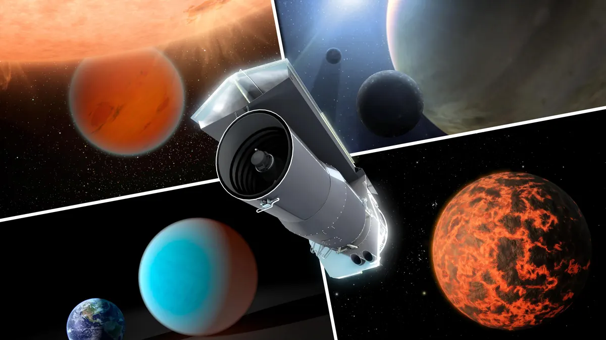 The Spitzer Space Telescope in the middle of a collage of colorful planets of many sizes