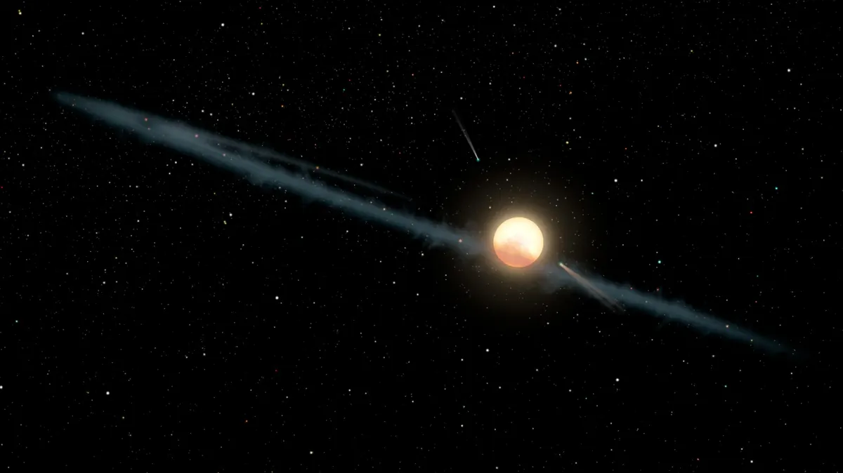 An illustration of a star with a thin, uneven ring of dust seen almost edge-on and a couple of comets